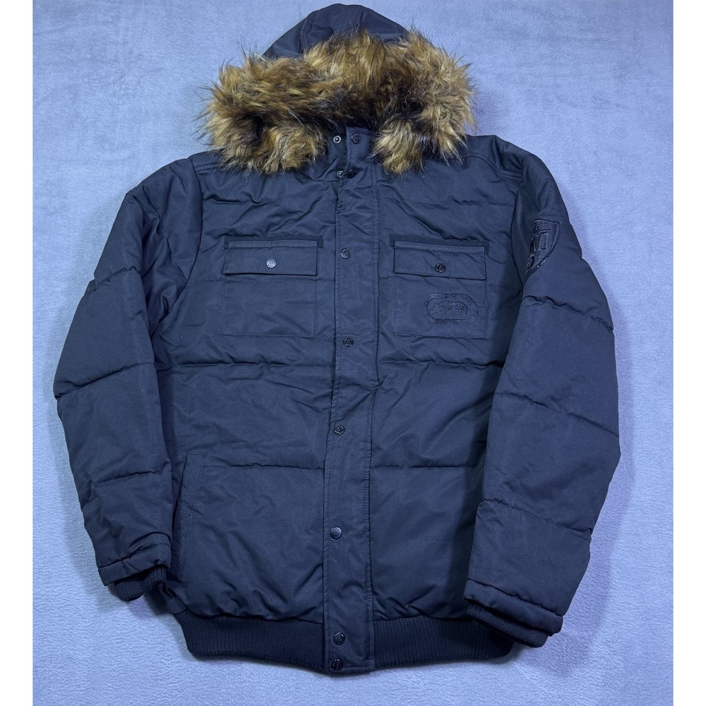 Ecko Unltd Bomber Jacket Mens L Insulated Puffer Faux Fur Hood Y2K Streetwear